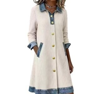 Womens Buttoned Long-Sleeve Corduroy Patchwork Denim Dress