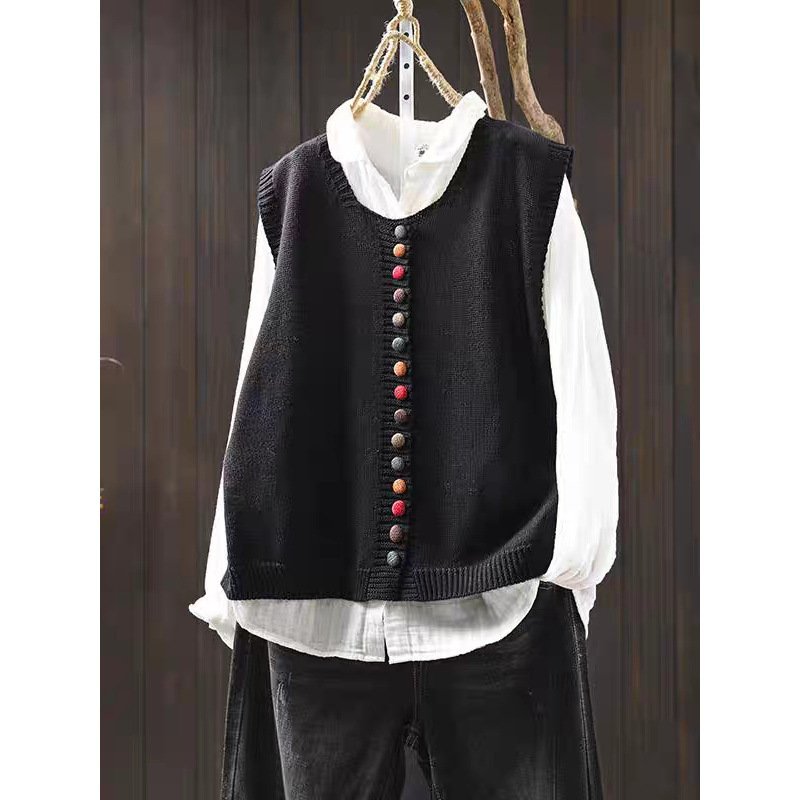 Spring And Autumn Outer Wear Solid Color And V-neck Color Buckle Knitted Cardigan Vest Vest For Women - Image 5