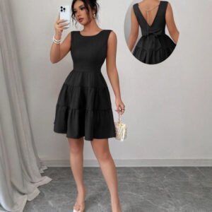 Solid-color Backless Bow-knot Sleeveless Mini Dress