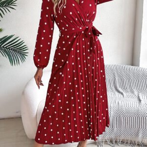 Women's Elegant Color-Blocked Polka Dot Cross V-Neck Pleated Maxi Dress