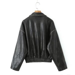 Lapel Long Sleeve Zipper Brushed Leather Coat