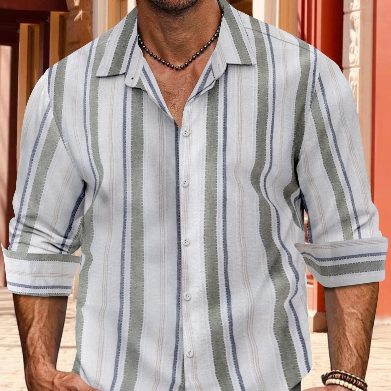 Striped Cotton And Linen Men's Lapel Long-sleeved Shirt - Image 6