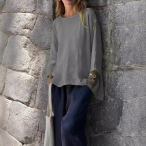 Women's Loose Linen Cotton Round Neck Long Sleeve Shirt