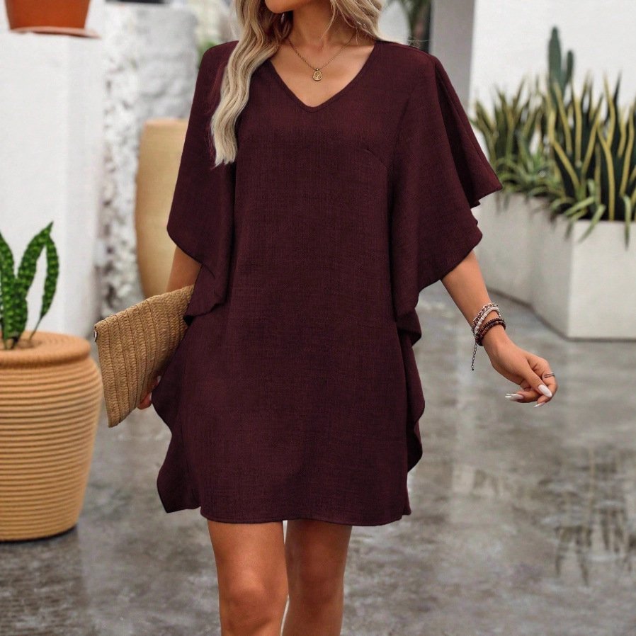 Solid-color Loose-fitting Flowing V-neck Dress With Ruffled Hem - Image 4