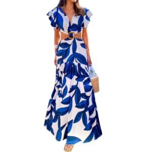 V-neck Ruffle Sleeve Waist Hollow Out Long Dress