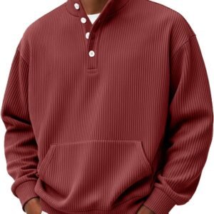 Mens Solid-Color Turtleneck Casual Long-Sleeve Polo Sweatshirt