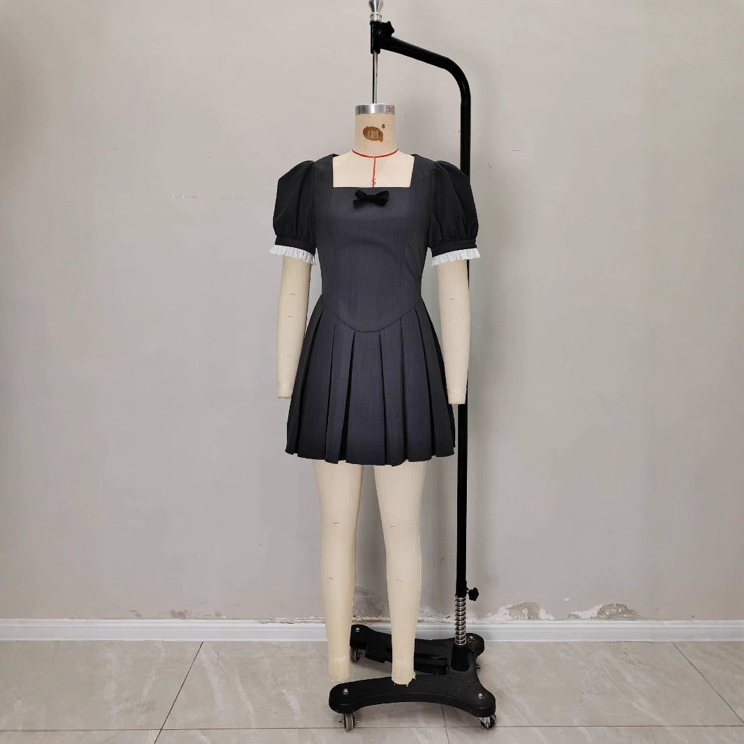 Womens Solid-Color French Square-Neck Slim-Fit Short-Sleeve Dress - Image 2