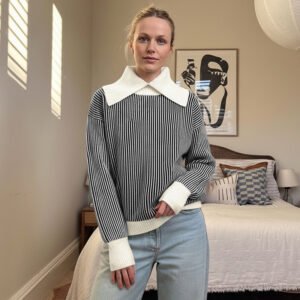 Casual Retro Striped Half-neck Sweater For Women