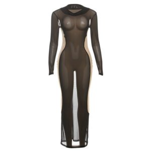 New Autumn Fashionable Sexy Mesh Sheer Color-Block High-Waist Bodycon Dress For Curvy Women