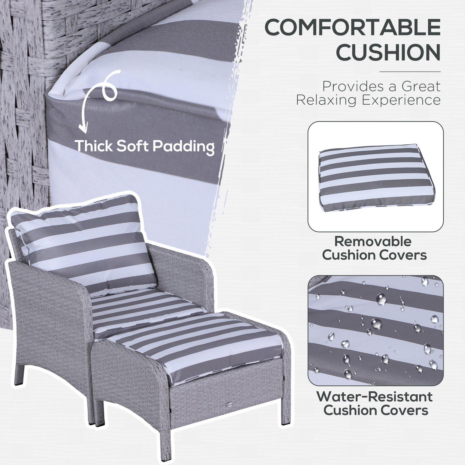5 Pieces PE Rattan Garden Furniture Set With 10cm Thick Padded Cushions, Wicker Weave Outdoor Seating Chairs With 2 Armchairs, 2 Stools, Glass Top Table, Grey And White - Image 5