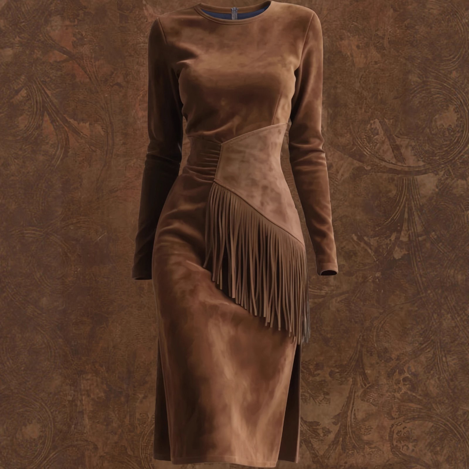 Women's Retro Western Crew-Neck Long-Sleeve Fringed Suede Velvet Dress - Image 2