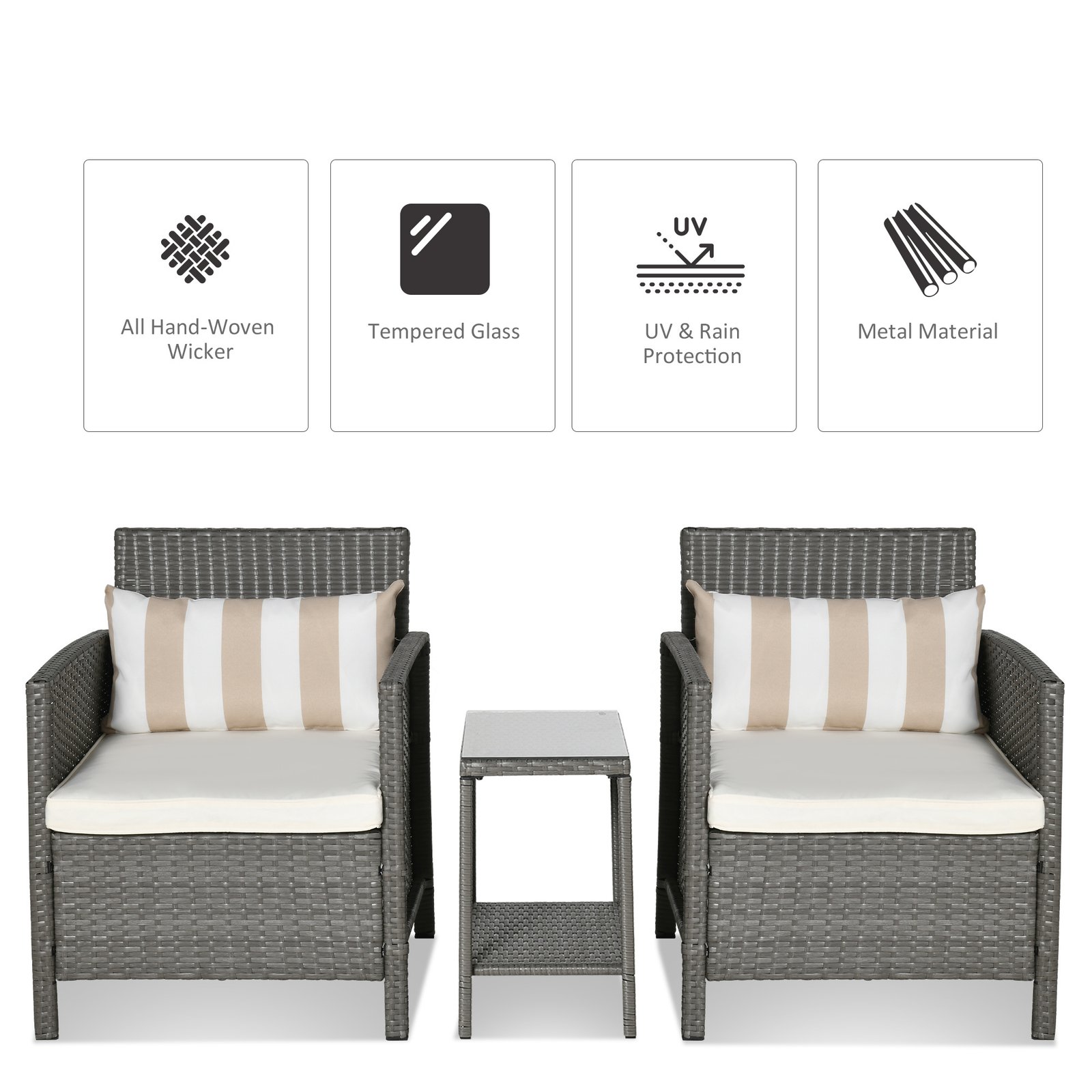 3 Pieces Rattan Bistro Set, Wicker Garden Furniture Set, Glass Top 2-tier Coffee Table And Chairs Set With Pillows And Washable Cushions For Outdoor, Patio, Balcony, Light Grey - Image 4