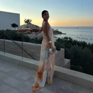 Printed, Loose-Fitting Halterneck Backless Resort Dress