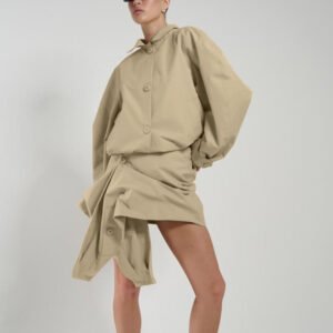 Notched-collar Long-sleeve Shirt And Asymmetrical Hem Skirt Set