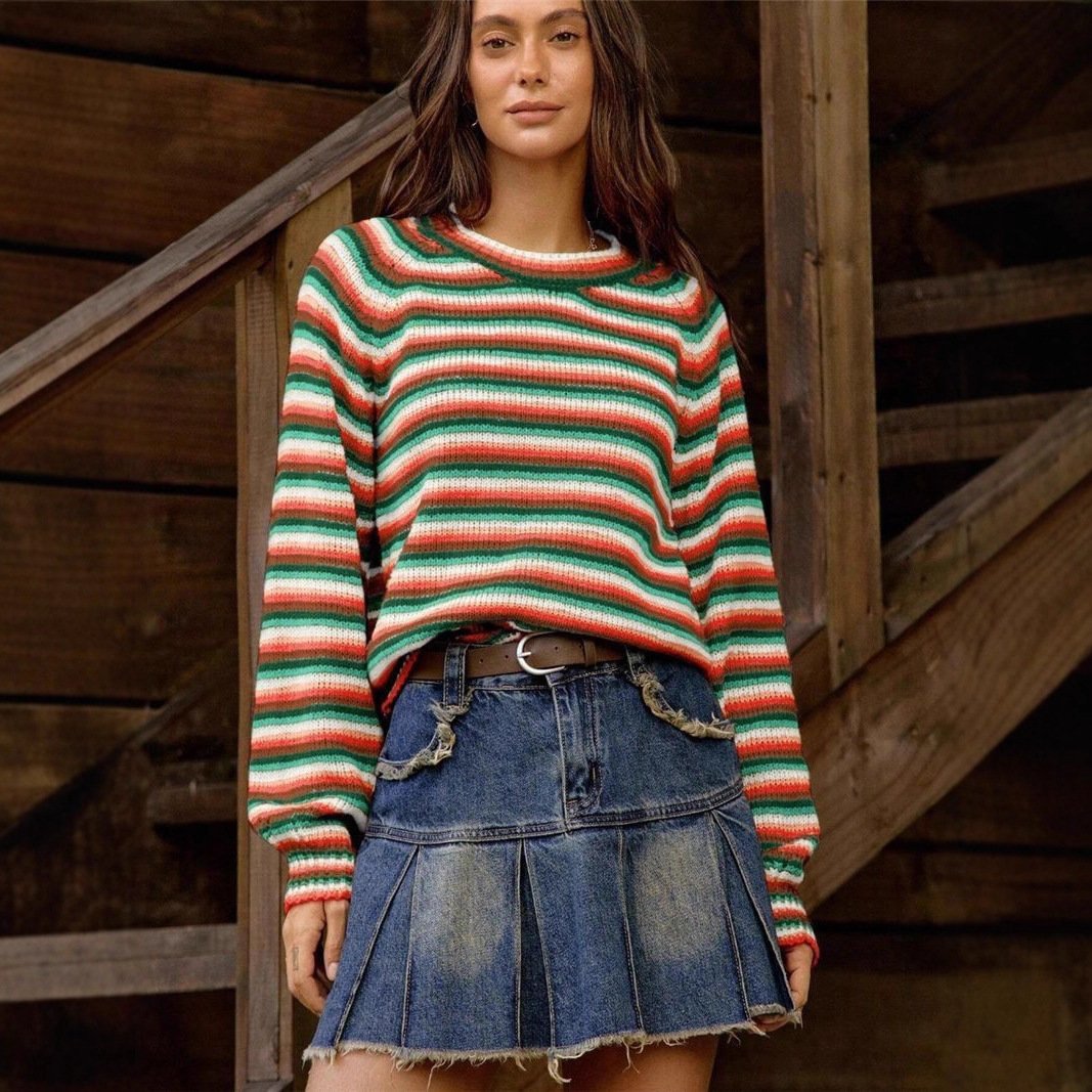 Rainbow-striped Knitted Vintage Crewneck Sweater - Image 3