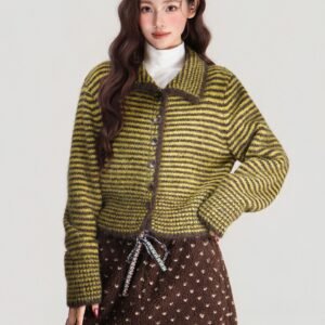 Polo Collar Striped Single-breasted Knitted Sweater Long Sleeve