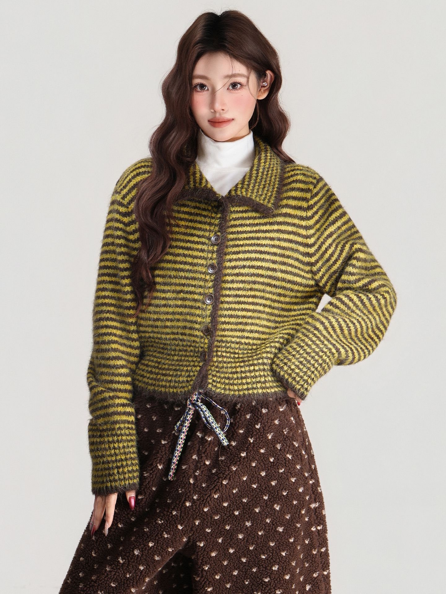 Polo Collar Striped Single-breasted Knitted Sweater Long Sleeve - Image 6