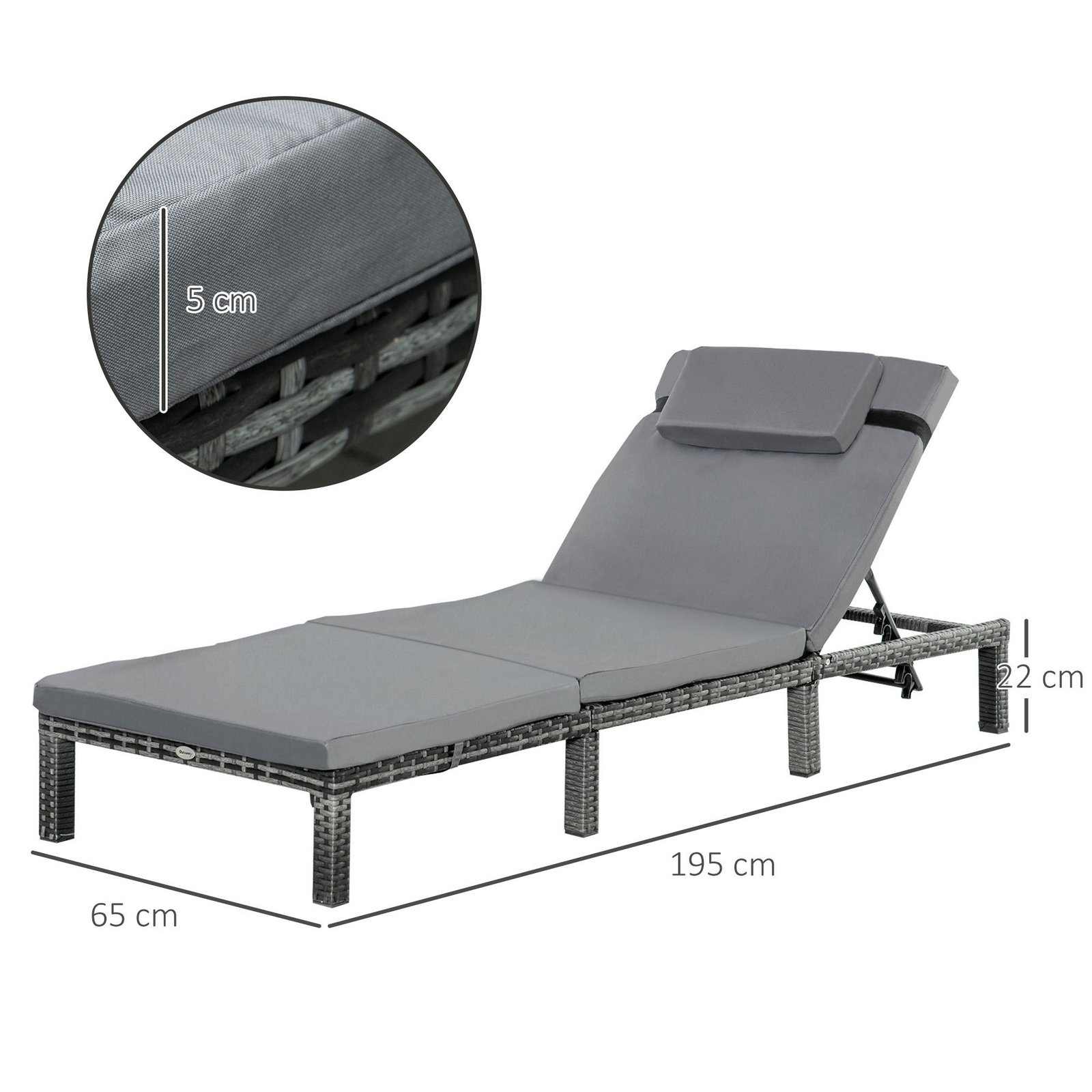 2 Pieces Outdoor PE Rattan Sun Loungers Set Of 2 With Cushion, Garden Wicker Sunbed Furniture With 5 - Level Recliner Backrest, Grey - Image 3