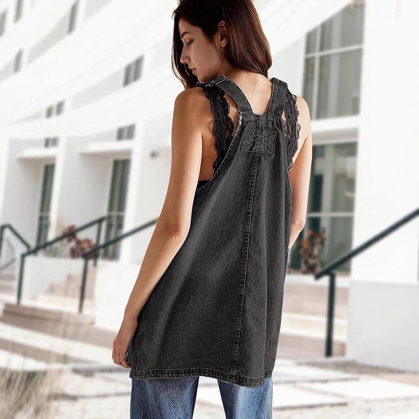 Adjustable Mini Denim Dress With Bib Pockets - Image 3