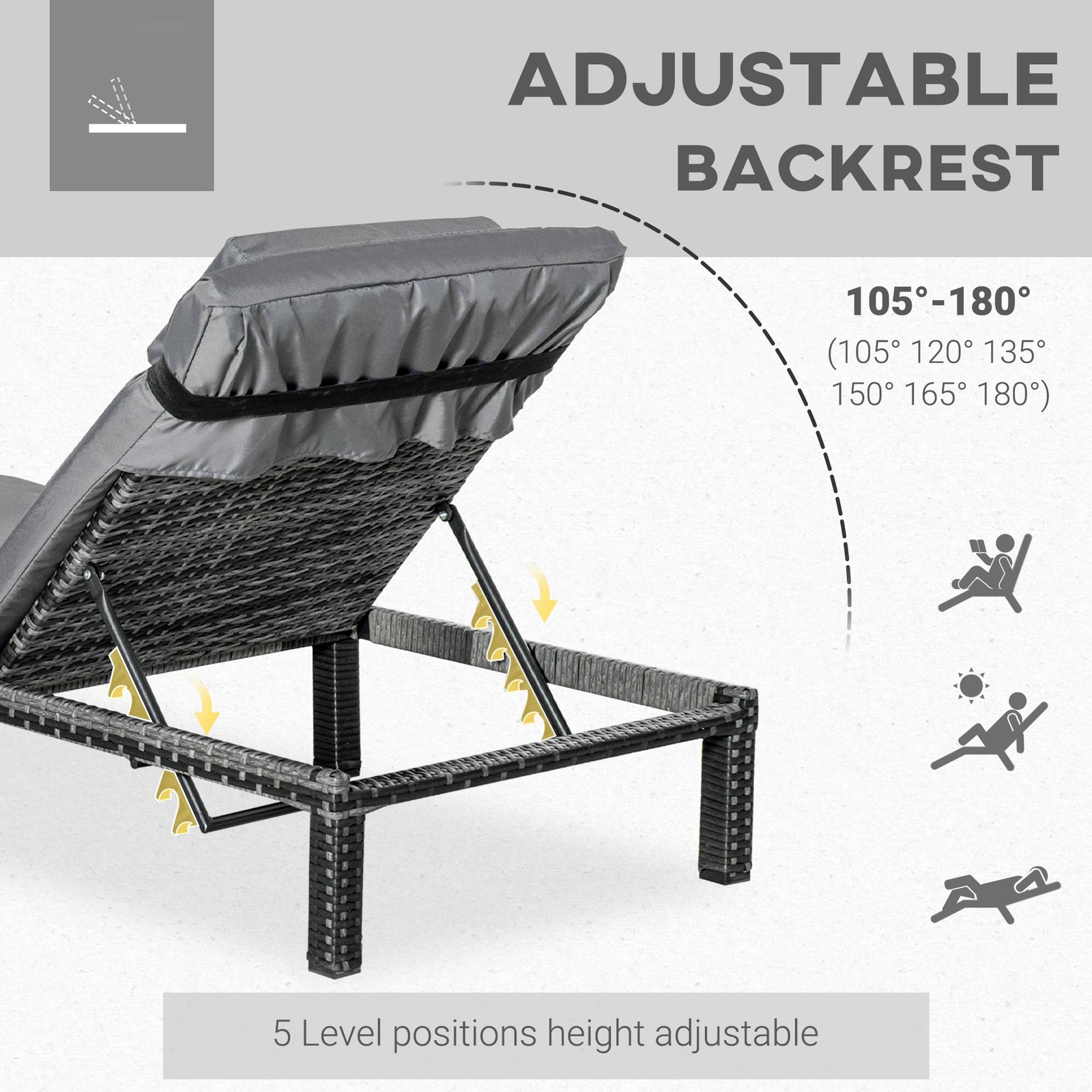2 Pieces Outdoor PE Rattan Sun Loungers Set Of 2 With Cushion, Garden Wicker Sunbed Furniture With 5 - Level Recliner Backrest, Grey - Image 4