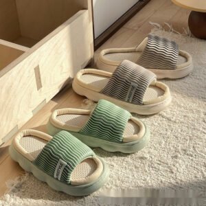 Four Seasons Linen Slippers Women's Thick Bottom Wave Pattern Home Non-slip Breathable Sweat Absorbing