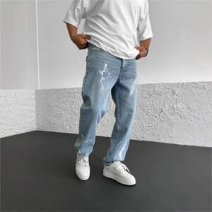Men's Straight-leg Pants Printed Solid Color Loose Wide Leg Denim