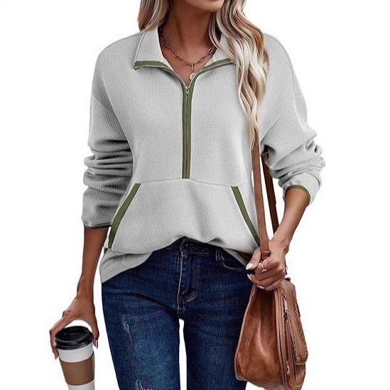 Women's Half-Zip Pullover Hoodie Lapel Pocket Jacket - Image 3