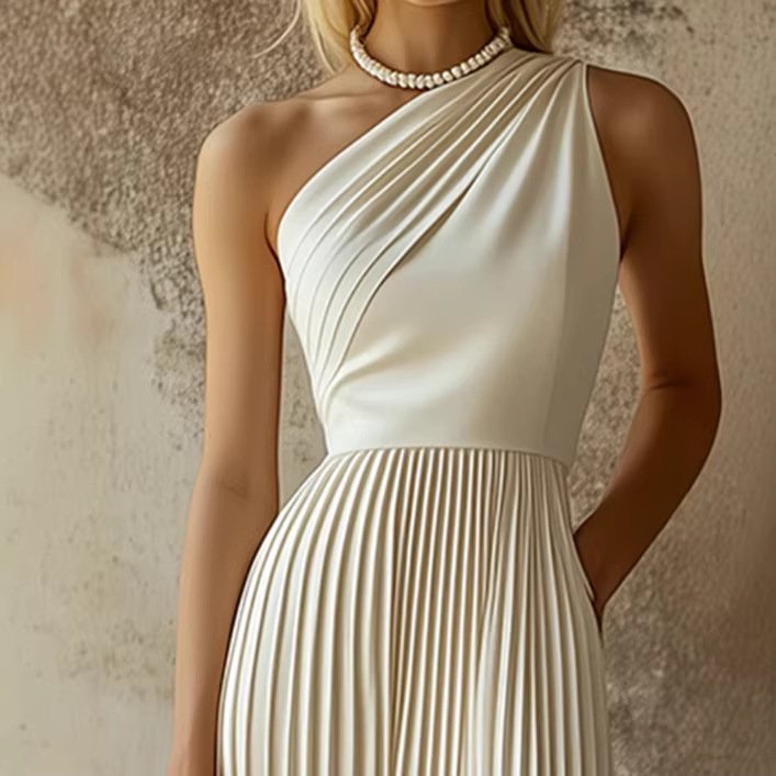 Womens White Pleated Sleeveless Dress - Image 3