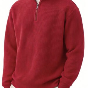Solid-color Pullover Zip-up Relaxed-fit Casual Premium Waffle-knit Long-sleeve Polo Shirt