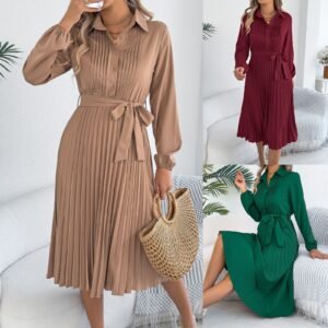 Solid Color Lapel Long Sleeve Waist Pleated Dress