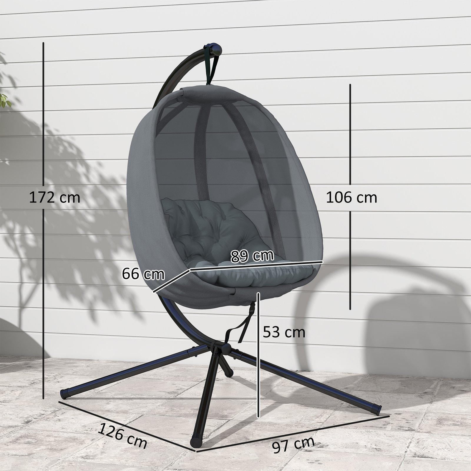 Hanging Egg Chair, Folding Texteline Swing Hammock With Side Pocket, Cushion And Stand For Indoor Outdoor, Patio Garden Furniture, Grey - Image 3