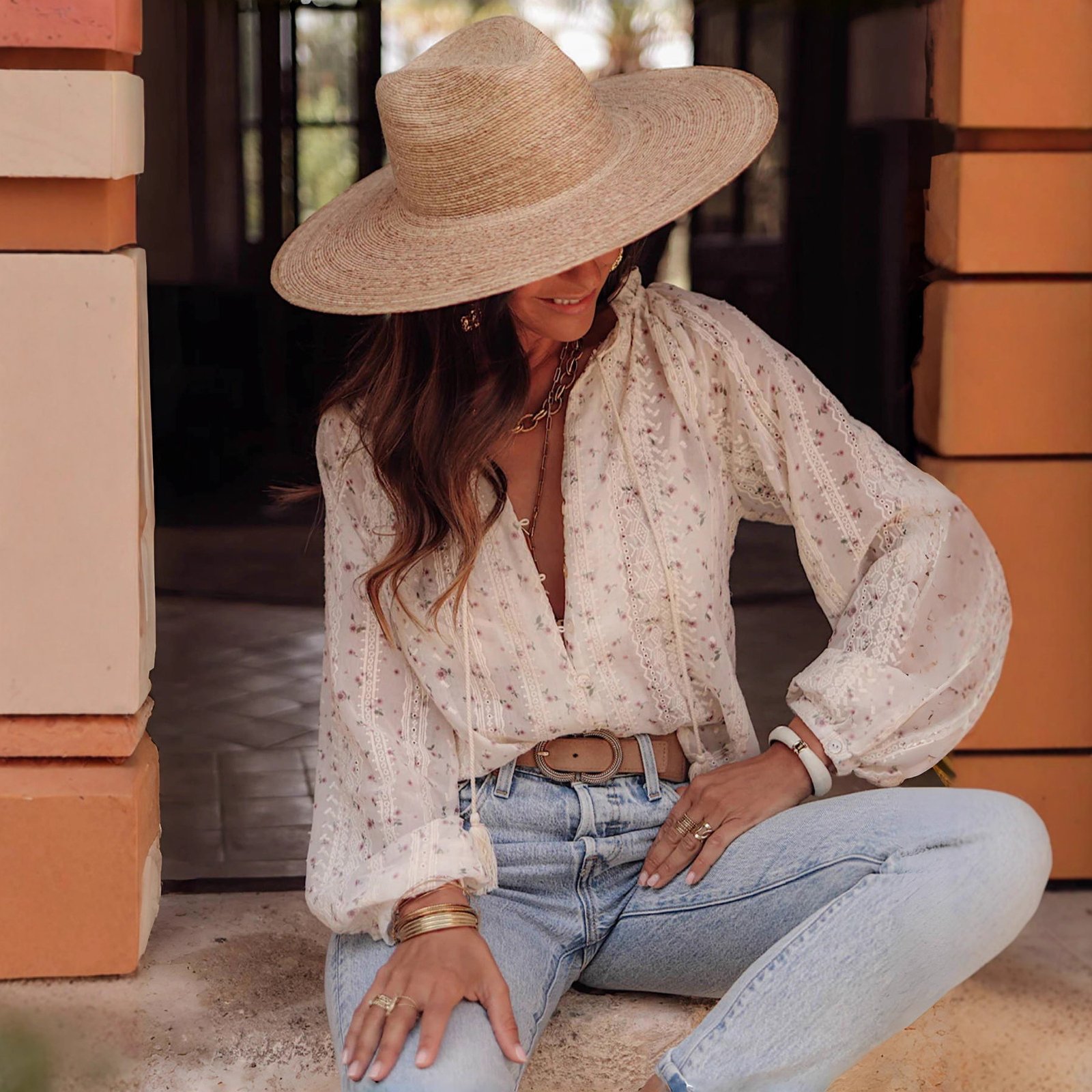 Womens Casual V-Neck Embroidered Shirt With Drawstring Trim - Image 2