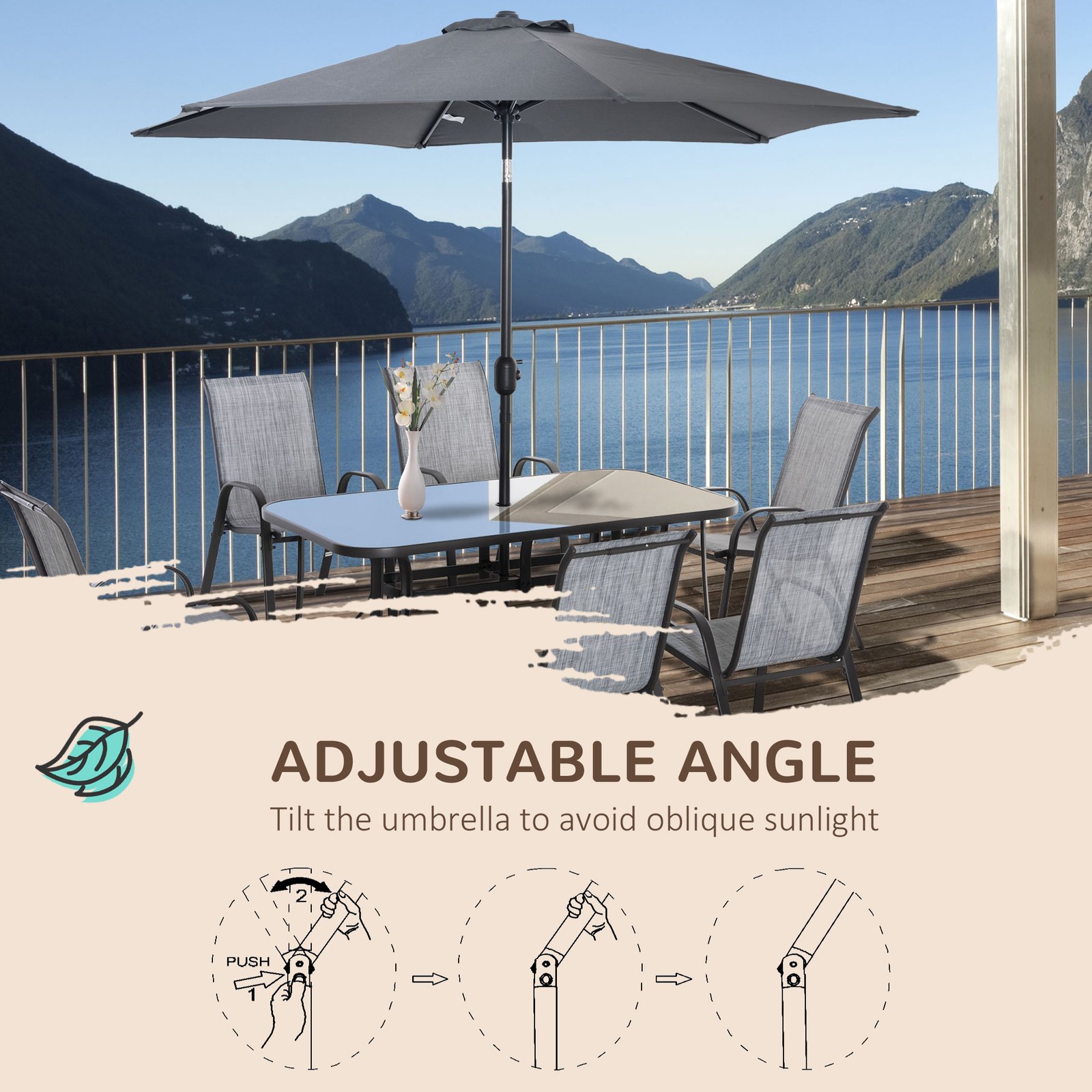 8 Pieces Patio Furniture Set with 9Ft Patio Umbrella, Outdoor Dining Table and Chairs, 6 Chairs, Push Button Tilt and Crank Parasol, Tempered Glass Top, Gray - Image 5