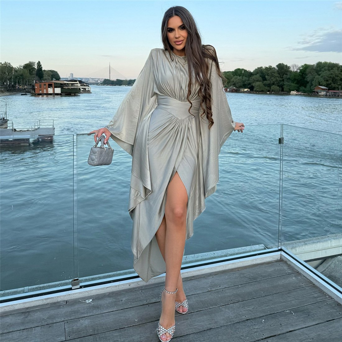 Trendy Solid-color Pleated Patchwork High-waist Split Dress - Image 2
