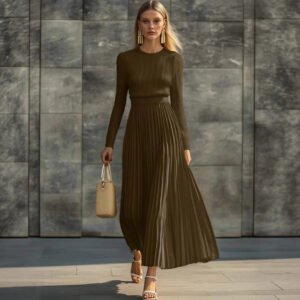 Elegant Casual And Comfortable Long-sleeve Satin Knit Pleated Maxi Dress