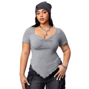 Square Neck Slim-fit Irregular Knit Short-sleeve T-shirt