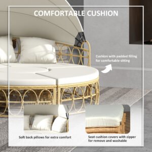 Patio Furniture Set, Round Outdoor Daybed with Retractable Canopy, Hollow Wicker PE Rattan Sectional Sofa with Washable Couch Cushions for Pool, Lawn, Cream White