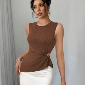 Solid-color Pleated Waist-cinching Sleeveless Top For Women