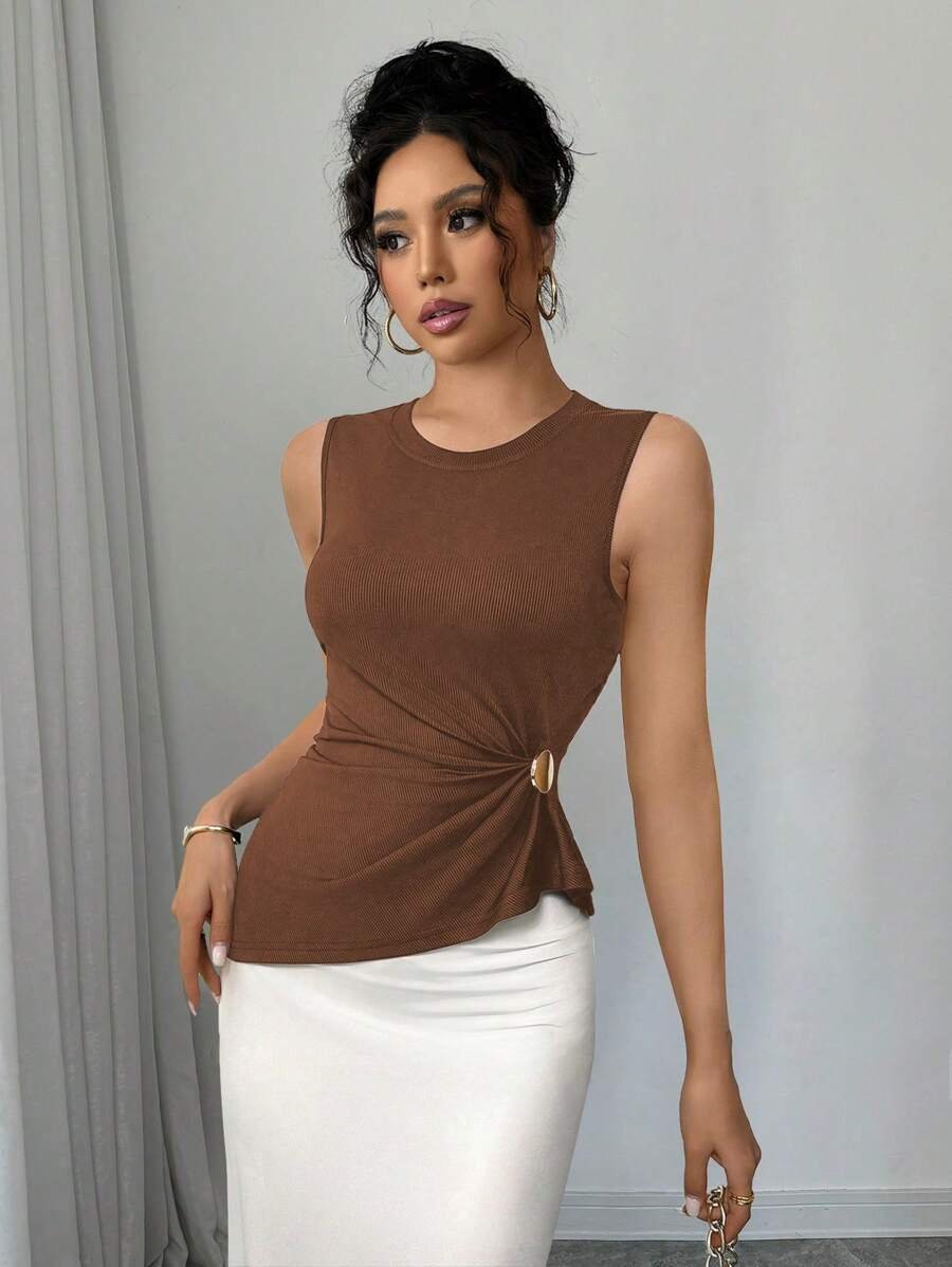 Solid-color Pleated Waist-cinching Sleeveless Top For Women - Image 6