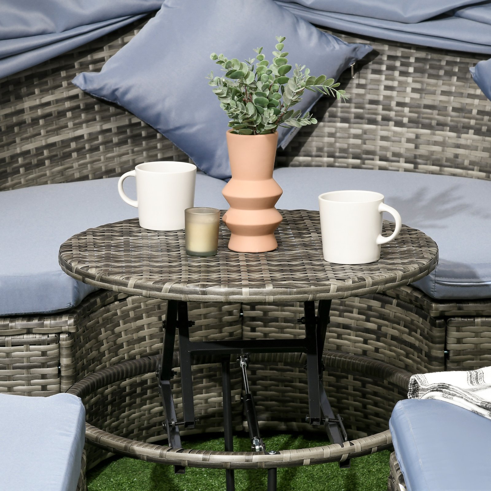 4 Piece Round Rattan Daybed, Convertible Patio Furniture Set, Adjustable Sun Canopy, Sectional Outdoor Sofa, 2 Chairs, Extending Tea Table Ottoman Chair, 3 Pillows, Light Gray - Image 8