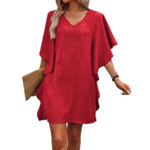 Solid-color Loose-fitting Flowing V-neck Dress With Ruffled Hem