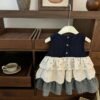 Sleeveless Vest Plaid Stitching Denim Skirt Bandage Dress Cake Dress