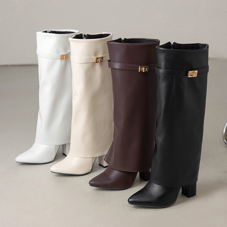Womens Pointed-toe High-shaft Straight-leg Mid-calf Boots With Metal Buckles - Image 5