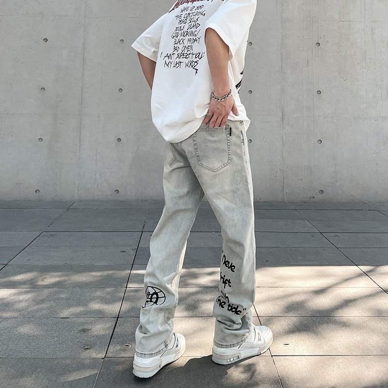 American Vintage Washed Distressed Yellow Mud Dye Letter Print Jeans - Image 3