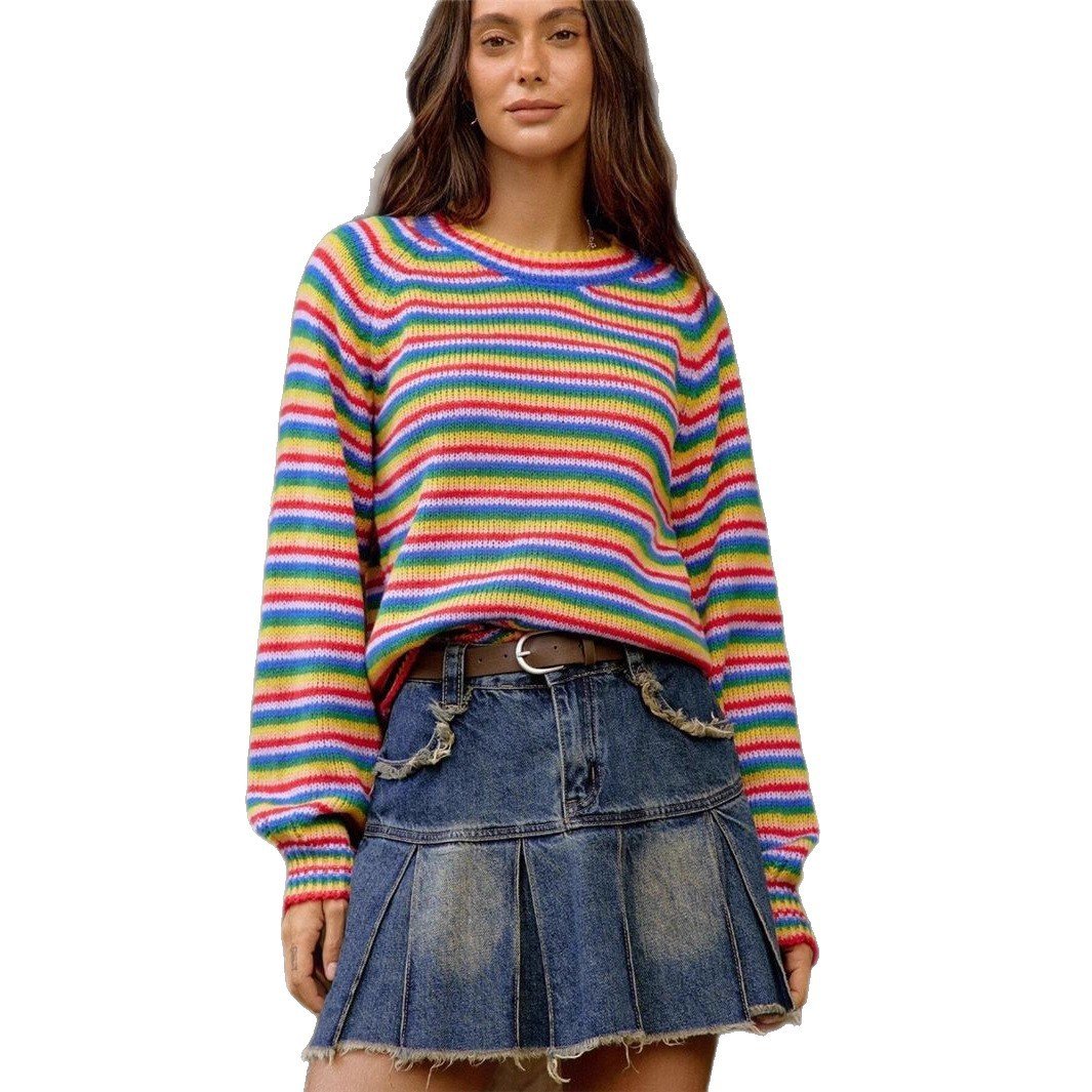 Rainbow-striped Knitted Vintage Crewneck Sweater - Image 5