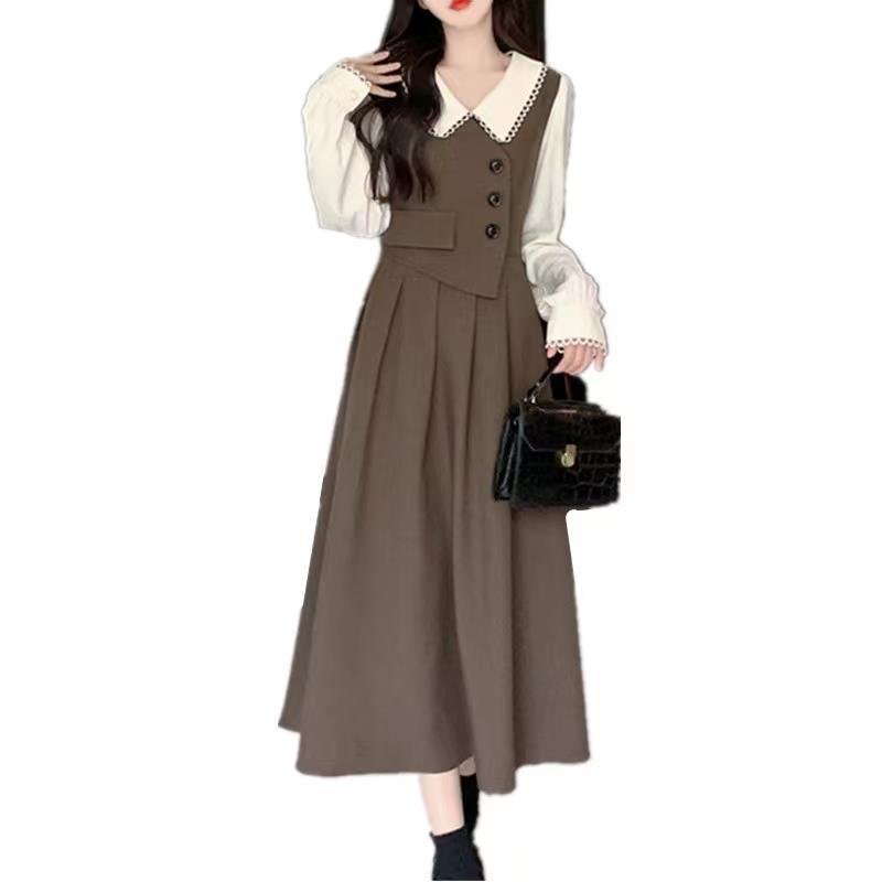 Womens French-Style Retro Patchwork Mock Two-Piece Dress - Image 5