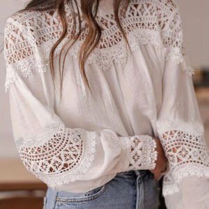 Womens Solid-Color Crochet Hollowed-Out Flare-Sleeve Shirt