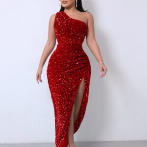 Foreign Trade Sleeveless One Shoulder Slash Neck Sequins Gorgeous Slit Women's Dress