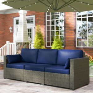 Patio Couch PE Wicker Deep Seating Outdoor Sofa with Removable Cushions, 3 Seater Rattan Sofa, Outdoor Furniture for Balcony, Deck, Garden and Poolside, Navy Blue