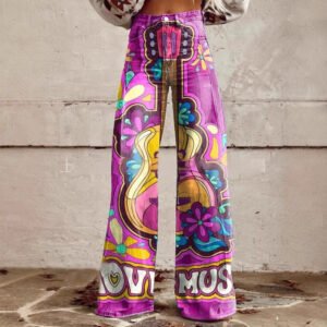 3D-printed Retro Sunflower Guitar Art-style Womens Wide-leg Flared Denim Jeans
